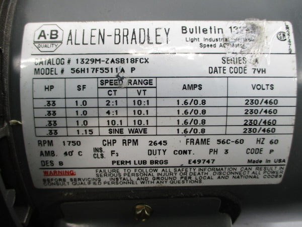 ALLEN BRADLEY 1329M-ZASB18FCX 56H17F5511AP SER. A 230/460V 1.6/0.8A NSNP