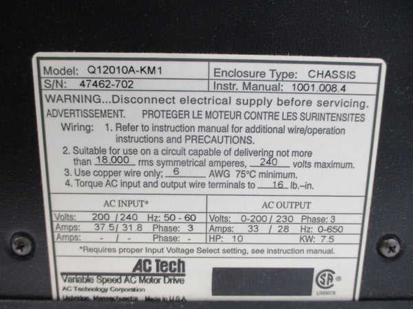 AC TECH Q12010A-KM1 200/240VAC 37.5/31.8A UNMP