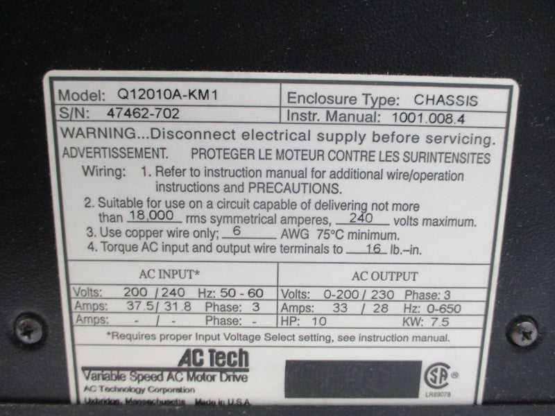 AC TECH Q12010A-KM1 200/240VAC 37.5/31.8A UNMP