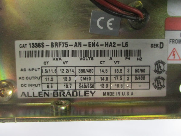 ALLEN BRADLEY 1336S-BRF75-AN-EN4-HA2-L6 SER. D 380/480VAC 14.5/18.5A (AS PICTURED) NSNP