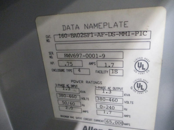 ALLEN BRADLEY 160-BA02SF1-AF-DS-MM1-P1C 380-460VAC 2.0A UNMP