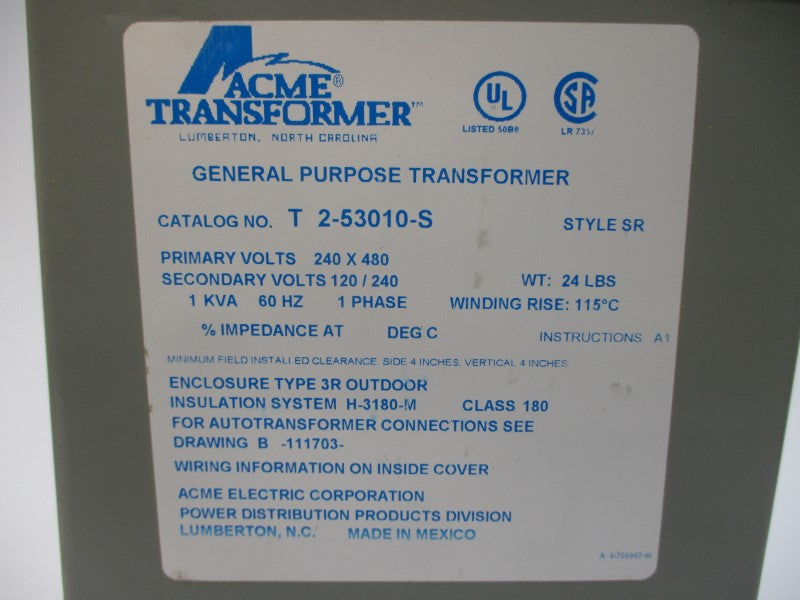 ACME TRANSFORMER T2-53010-S 240/480V NSMP