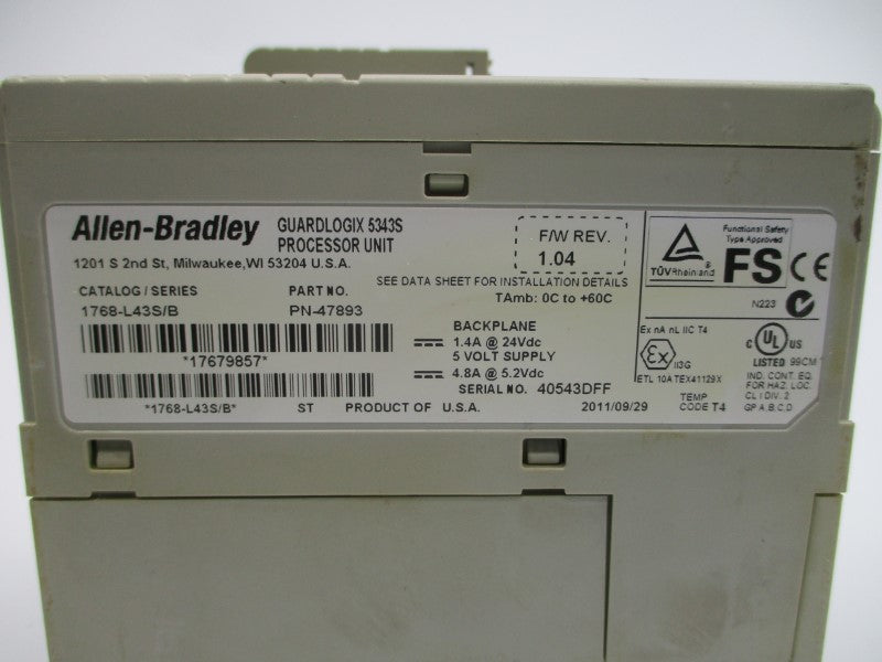 ALLEN BRADLEY 1768-L43S SER. B F/W 1.04 24VDC 1.4A UNMP