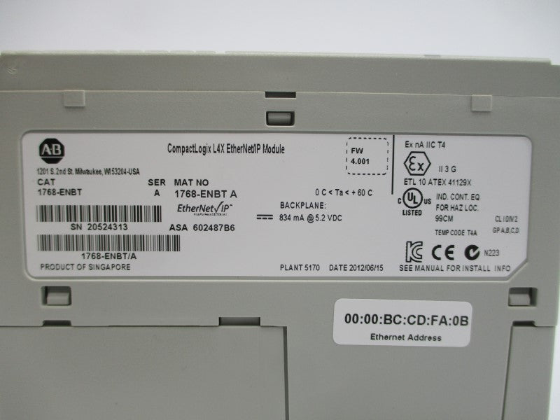 ALLEN BRADLEY 1768-ENBT SER. A F/W 4.001 5.2VDC NSMP