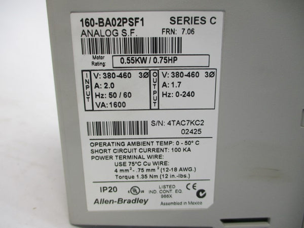 ALLEN BRADLEY 160-BA02PSF1 SER. C F/W 7.06 380-460VAC 2.0A NSMP