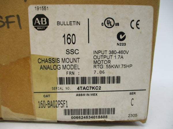 ALLEN BRADLEY 160-BA02PSF1 SER. C F/W 7.06 380-460VAC 2.0A NSMP