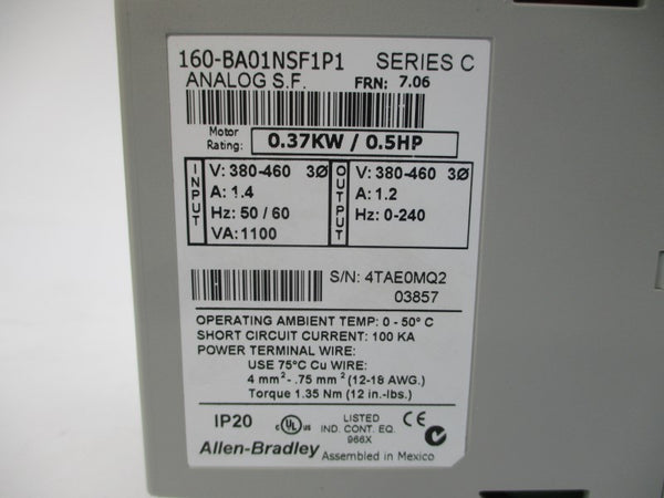 ALLEN BRADLEY 160-BA01NSF1P1 SER. C F/W 7.06 380-460VAC 1.4A NSMP