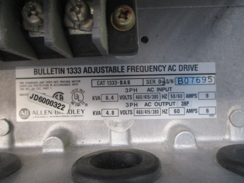 ALLEN BRADLEY 1333-BAB SER. D 380-460VAC 8A UNMP