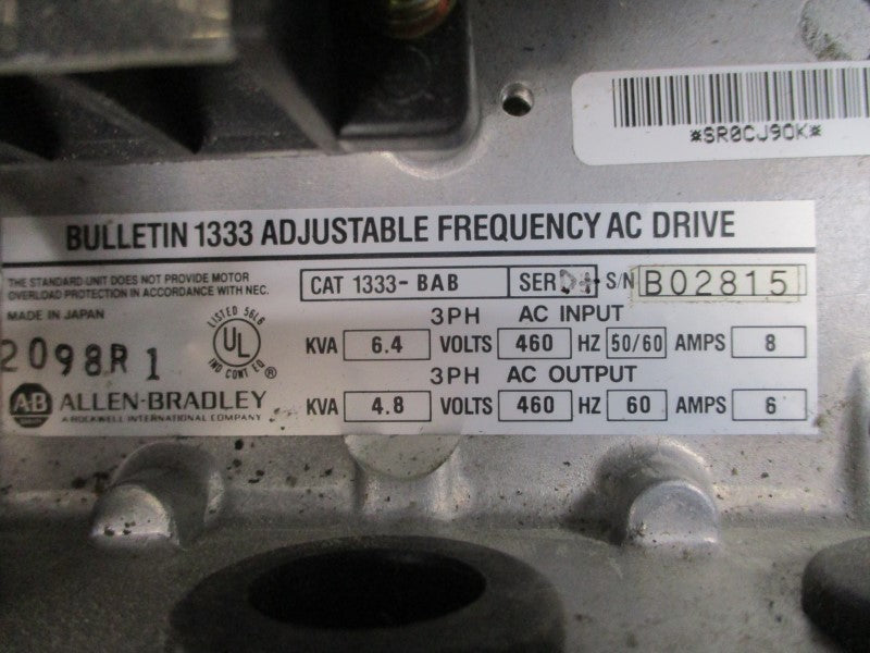 ALLEN BRADLEY 1333-BAB SER. D 460VAC 8A UNMP