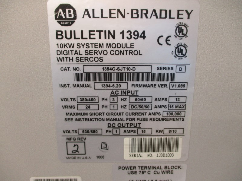 ALLEN BRADLEY 1394C-SJT10-D SER. D F/W V1.085 380/460VAC 13A REV. 2 UNMP
