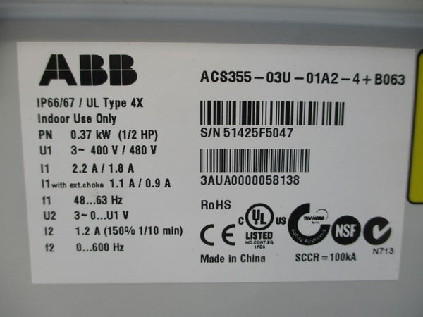 ABB ACS355-03U-01A2-4+B063 400/480V 2.2/1.8A UNMP