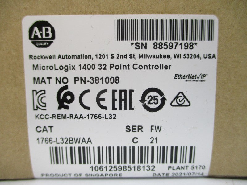 ALLEN BRADLEY 1766-L32BWAA SER. C F/W 21 DATE: 2021 NSFS