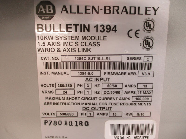 ALLEN BRADLEY 1394C-SJT10-L-RL SER. C F/W V3.9 380/460VAC 13A UNMP