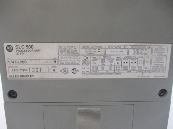 ALLEN BRADLEY 1747-L20C SER. B F/W 4 10-30VDC 22A UNMP