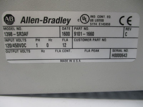 ALLEN BRADLEY 1398-SR3AF 120/450VDC 12A REV. C UNMP