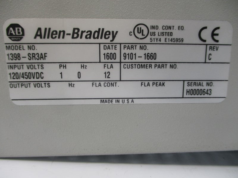ALLEN BRADLEY 1398-SR3AF 120/450VDC 12A REV. C UNMP