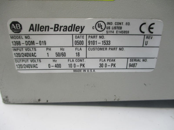 ALLEN BRADLEY 1398-DDM-019 120/240VAC 18A REV. U (AS PICTURED) UNMP