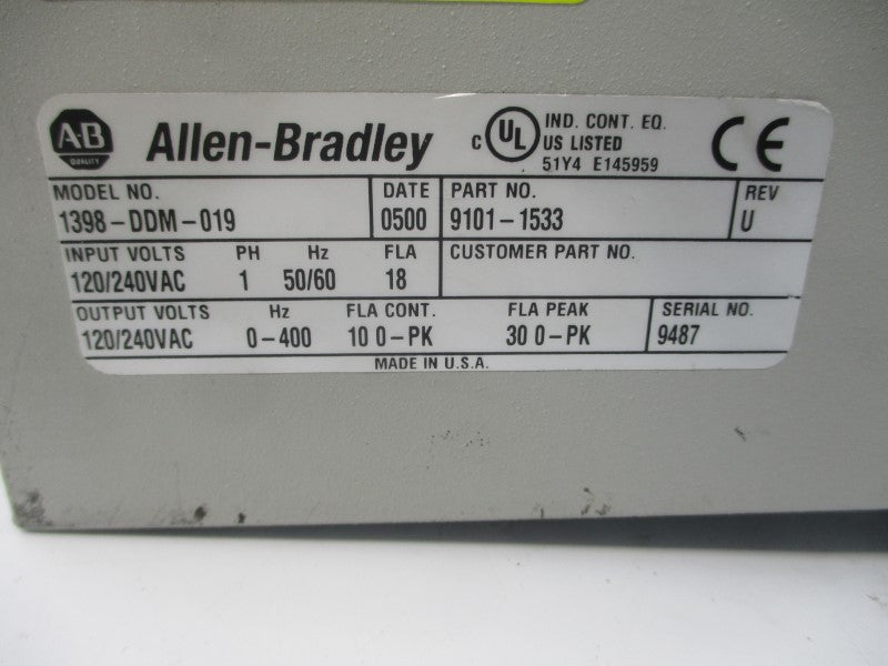 ALLEN BRADLEY 1398-DDM-019 120/240VAC 18A REV. U (AS PICTURED) UNMP