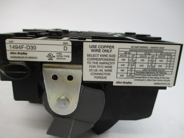 ALLEN BRADLEY 1494F-D30 SER. D 600VAC 30A (BR/WH) NSMP