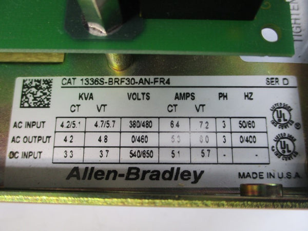 ALLEN BRADLEY 1336S-BRF30-AN-FR4 SER. D 380/480VAC 6.4/7.2A (BR/WH) NSMP