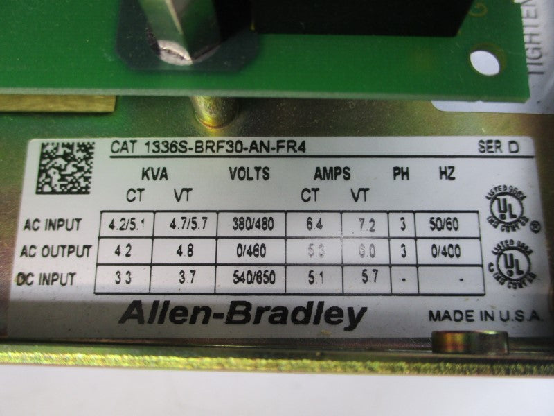 ALLEN BRADLEY 1336S-BRF30-AN-FR4 SER. D 380/480VAC 6.4/7.2A (BR/WH) NSMP