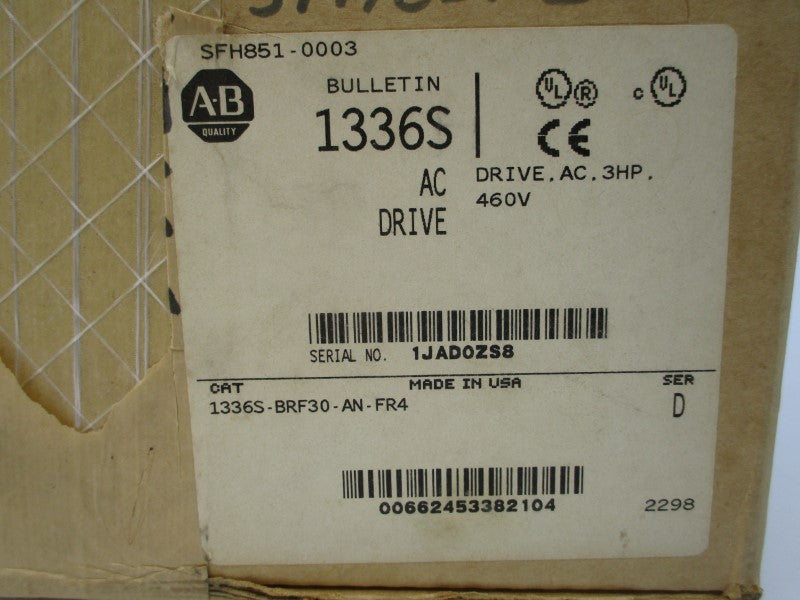 ALLEN BRADLEY 1336S-BRF30-AN-FR4 SER. D 380/480VAC 6.4/7.2A (BR/WH) NSMP