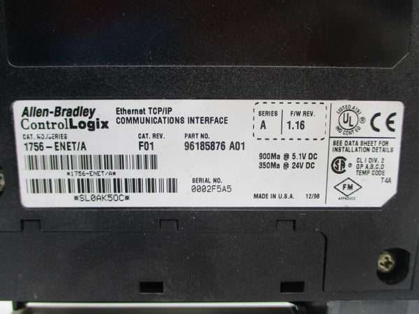 ALLEN BRADLEY 1756-ENET SER. A F/W 1.16 24VDC REV. F01 NSNP