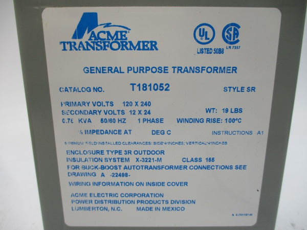 ACME TRANSFORMER T181052 120/240V NSMP