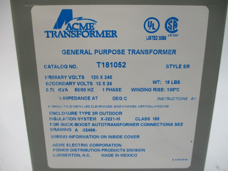 ACME TRANSFORMER T181052 120/240V NSMP