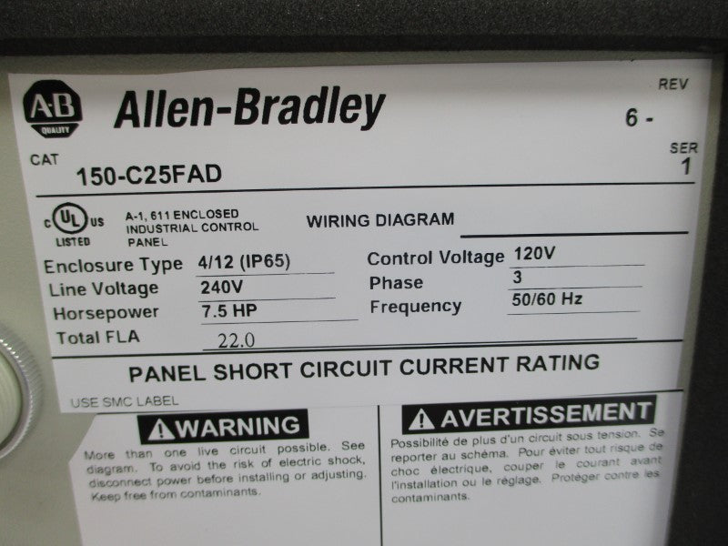 ALLEN BRADLEY 150-C25FAD SER .1 F/W 2.09 240V 22.0A REV. 6 NSMP