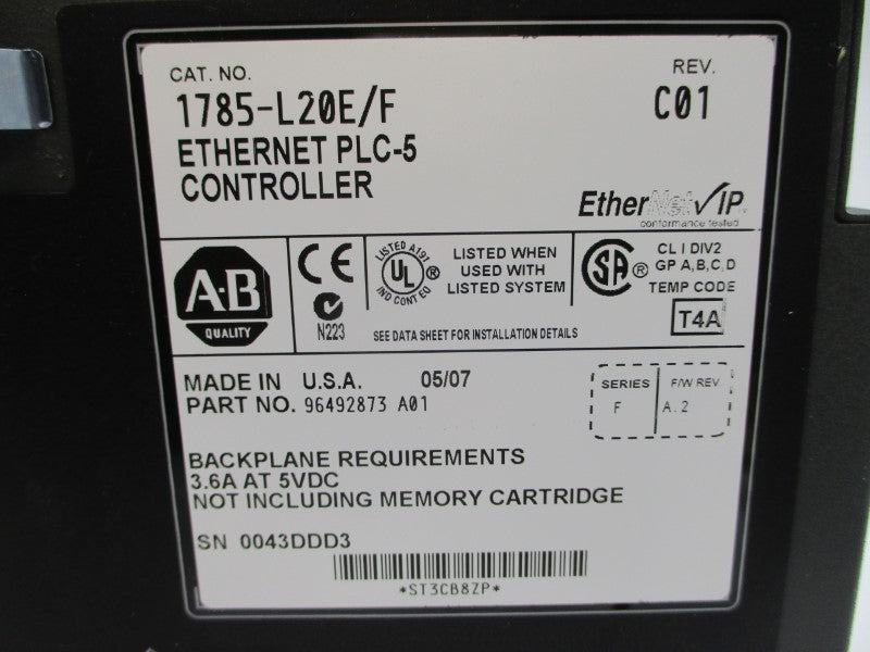 ALLEN BRADLEY 1785-L20E SER. F F/W A.2 5VDC 3.6A REV. C01 NUPI