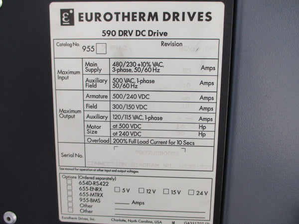 EUROTHERM DRIVES 955DBR62 480/230VAC 85A REV. 6.09 (AS PICTURED) UNMP