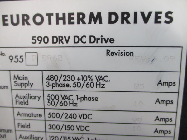 EUROTHERM DRIVES 955DBR62 480/230VAC 85A REV. 6.09 (AS PICTURED) UNMP