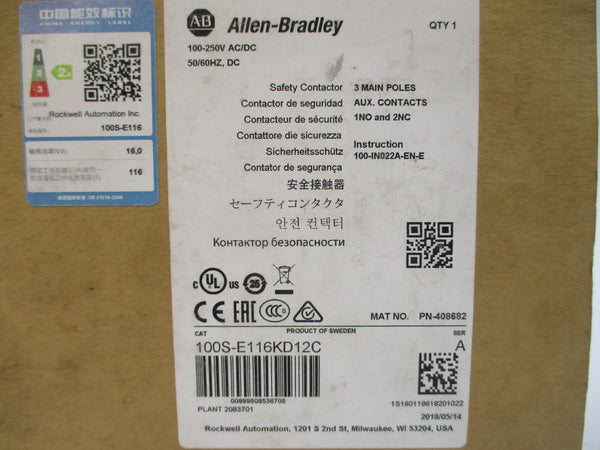 ALLEN BRADLEY 100S-E116KD12C SER. A 100-250VAC/DC 160A (BR/WH) NSMP