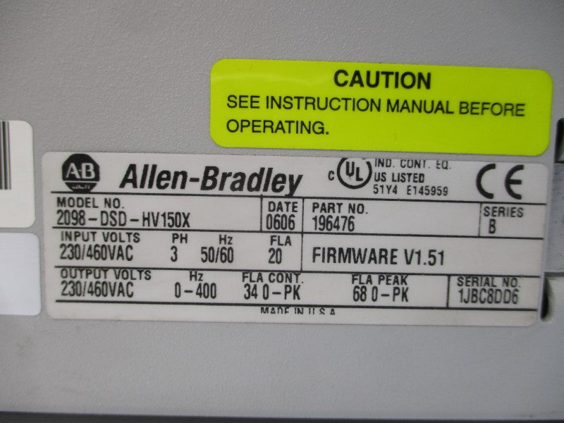 ALLEN BRADLEY 2098-DSD-HV150X SER. B F/W V1.51 230/460VAC 20A UNMP