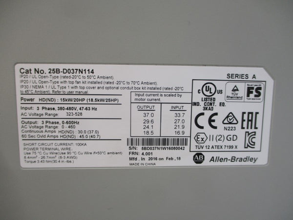 ALLEN BRADLEY 25B-D037N114 SER. A F/W 4.001 323-528VAC NSNP