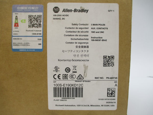 ALLEN BRADLEY 100S-E190KD12C SER. A 100-250VAC/DC 250A (BR/WH) NSMP