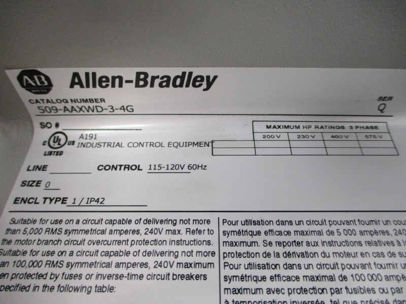 ALLEN BRADLEY 509-AAXWD-3-4G SER. Q 115-120V NSNP