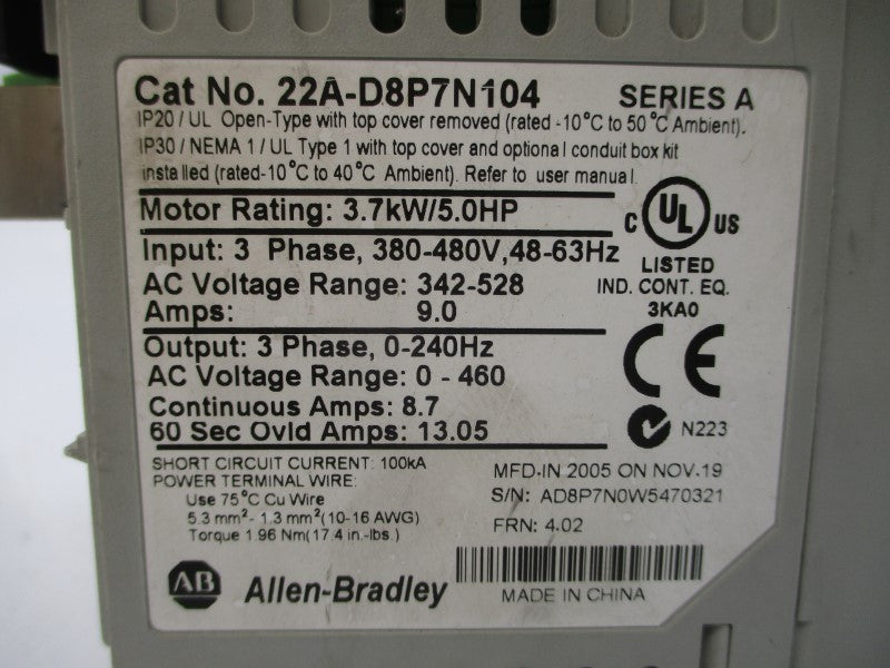 ALLEN BRADLEY 22A-D8P7N104 SER. A F/W 4.02 380-480VAC 9.0A (AS PICTURED) UNMP