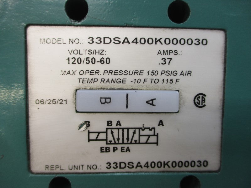 NUMATICS 33DSA400K000030 120V .37A 150PSI UNMP