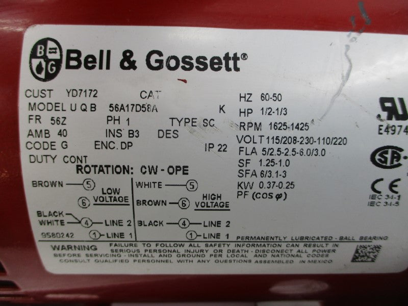 BELL & GOSSETT 56A17D58A YD7172 230V 6.0A NSNP