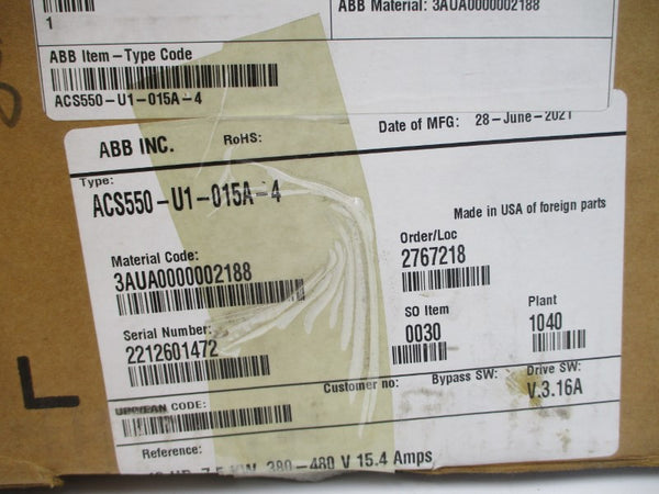 ABB ACS550-U1-015A-4 3AUA0000002188 380-480VAC 15.4A NSMP