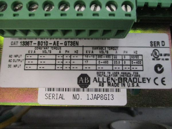 ALLEN BRADLEY 1336T-B010-AE-GT3EN SER. D 380-480VAC 22A UNMP