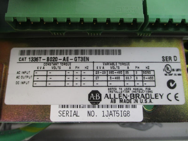 ALLEN BRADLEY 1336T-B020-AE-GT3EN SER. D 380-480VAC 35A (AS PICTURED) UNMP