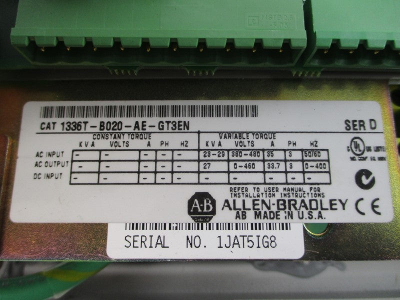 ALLEN BRADLEY 1336T-B020-AE-GT3EN SER. D 380-480VAC 35A (AS PICTURED) UNMP