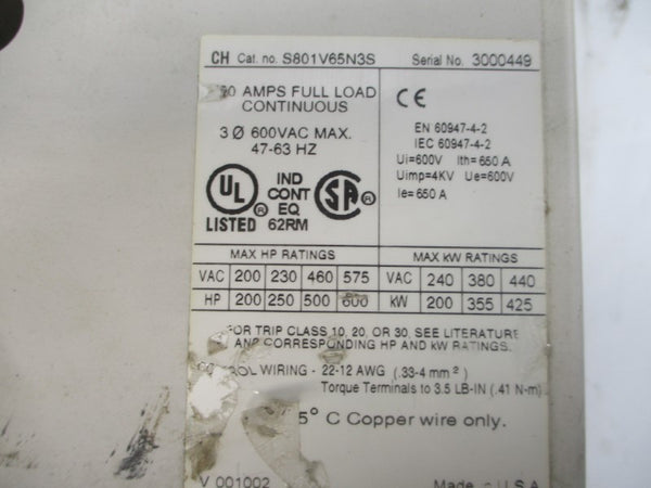CUTLER HAMMER S801V65N3S 93EA10025C0001C 24VDC 60A (AS PICTURED) UNMP