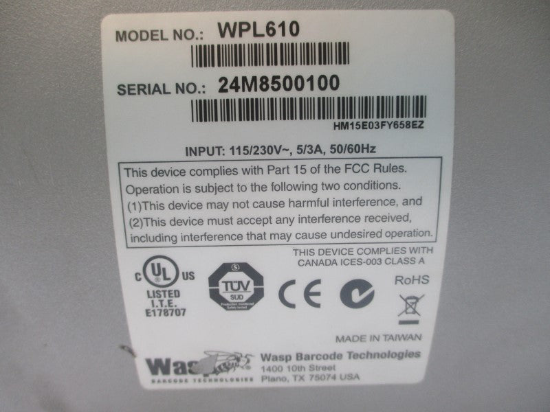 WASP BARCODE TECHNOLOGIES WPL610 115/230V 5/3A UNMP