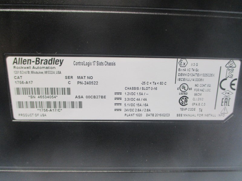 ALLEN BRADLEY 1756-A17 SER. C 24VDC 15A NSNP
