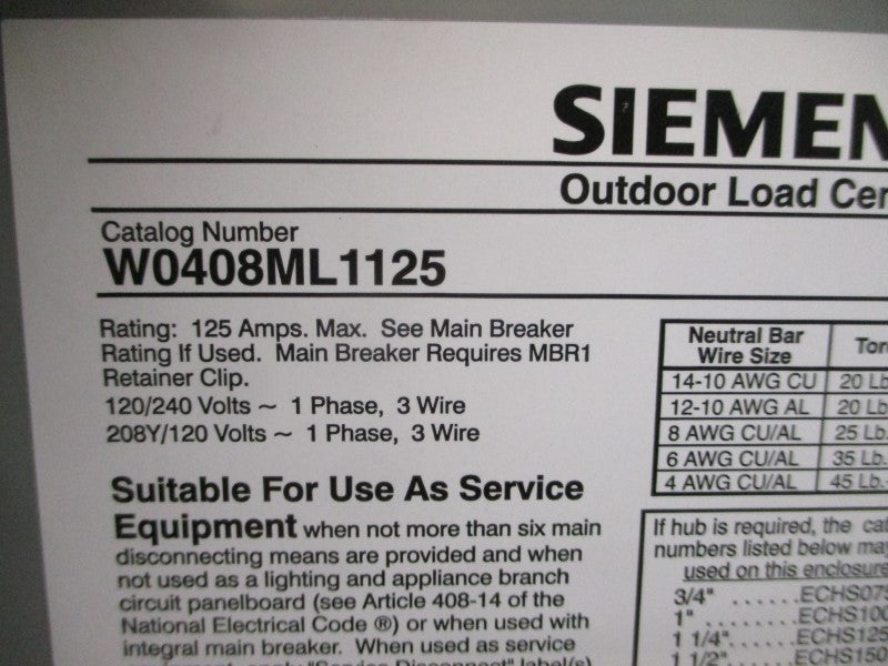 SIEMENS W0408ML1125 120/240V 125A NSNP