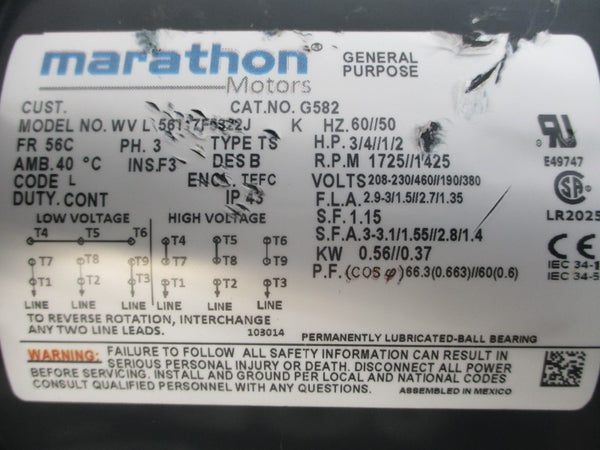 MARATHON MOTORS G582 56T17F5322J 208-230/460//190/380V 2.9-3/1.5//2.7/1.35A (AS PICTURED) UNMP